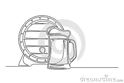 Continuous one line barrel keg with mug Vector Illustration