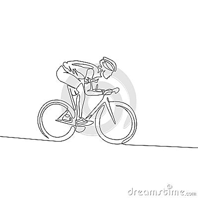 Continuous one line cyclist in a helmet riding a bicycle down the slope Vector Illustration