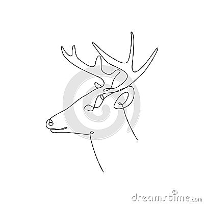 Continuous one line deer head with horns, side view. Stock illustration. Vector Illustration