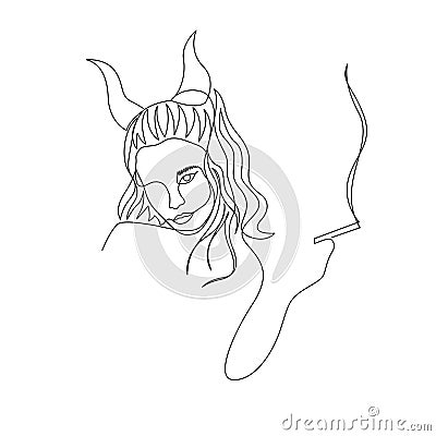 Continuous one line devil woman with horns smoke cigarette. Art Vector Illustration