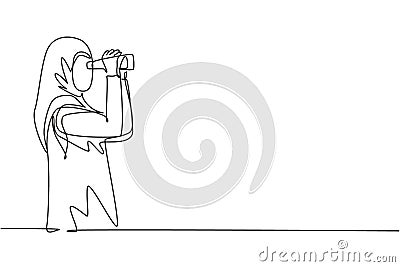 Continuous one line drawing Arab woman looking in distance with binoculars. Enjoy beauty of nature as far as the eye can see. Find Vector Illustration