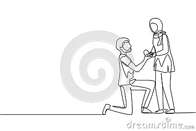 Continuous one line drawing Arabian man kneeling holding engagement ring proposing woman marry him happy marriage wedding. Guy on Vector Illustration