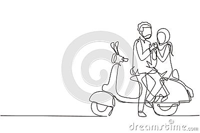 Continuous one line drawing Arabian riders couple trip travel relax. Romantic honeymoon moments sitting and talking on motorcycle Vector Illustration