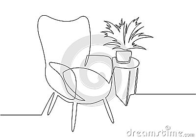 Continuous one line drawing armchair. Stylish office interior, chair and home plant vector hand drawn silhouette clipart Vector Illustration