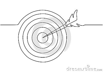 Continuous one line drawing of arrow sticking out of a target dartboard Vector Illustration