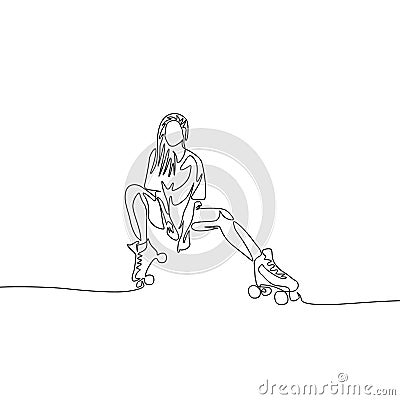 Continuous one line drawing beautifull girl sitting ir roller skate. Sport, hobby theme. Vector Illustration