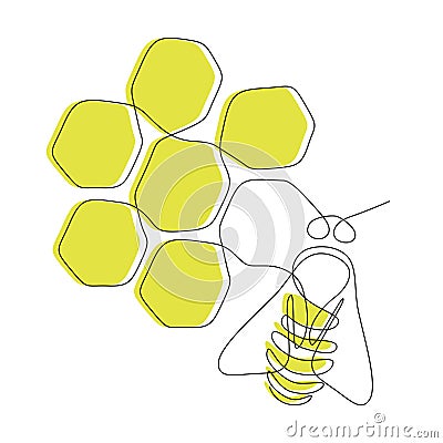 Continuous one line drawing of bee with honeycomb. Honeybee farm icon concept from wasp animal shape. Trendy line art Vector Illustration