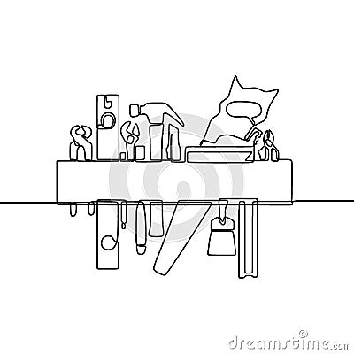 Continuous one line drawing building tool. Isolated image of a hand drawn outline on a white background. Set of mechanic and Vector Illustration