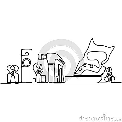 Continuous one line drawing building tool. Isolated image of a hand drawn outline on a white background. Set of mechanic and Vector Illustration