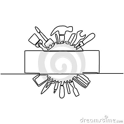 Continuous one line drawing building tool. Isolated image of a hand drawn outline on a white background. Set of mechanic and Vector Illustration