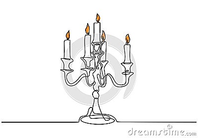 Continuous one line drawing of burning candle on chandelier. Vintage flame lantern minimalism design Vector Illustration