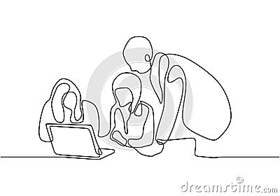 Continuous one line drawing of business meeting and discussion. Three persons talking each other Vector Illustration