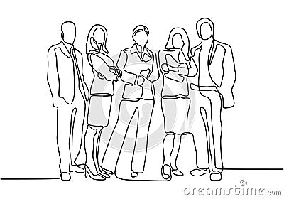 Continuous one line drawing of business people standing with gentle and confident pose. Minimalism design vector illustration Vector Illustration