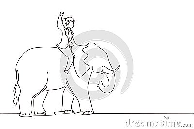 Continuous one line drawing businesswoman riding elephant symbol of success. Business metaphor concept, looking at goal, Vector Illustration