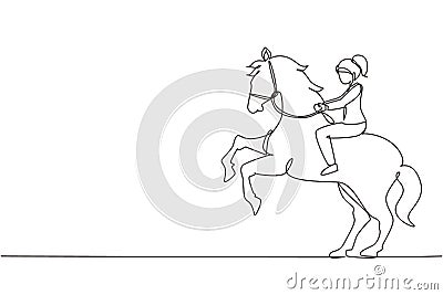 Continuous one line drawing businesswoman riding horse symbol of success. Business metaphor concept, looking at the goal, Vector Illustration