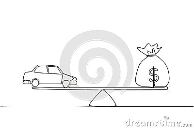 Continuous one line drawing car, auto loan or transforming assets into cash concept. Car model, US dollar notes in jute bag on Cartoon Illustration