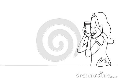 Continuous one line drawing cheerful girl kissing disposable coffee cup or paper cup. Coffee product studio photo session. Coffee Vector Illustration