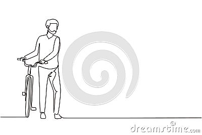 Continuous one line drawing cheerful young Arab boy with bicycles. Happy guy take walk with bicycle at city road. Healthy Vector Illustration