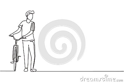 Continuous one line drawing cheerful young boy with bicycles. Happy guy take walk with bicycle at city road. Healthy lifestyle of Vector Illustration