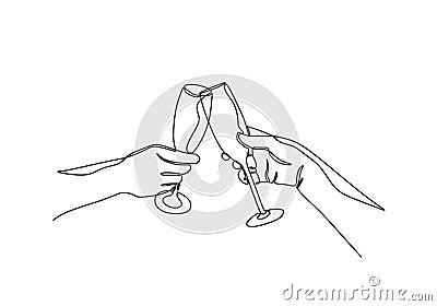 Continuous one line drawing of cheers of wine glass. Hands cheering with glasses of champagne. Vector simplicity and minimalism Stock Photo