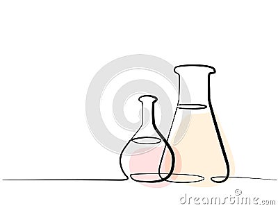 Continuous one line drawing. Chemical lab retorts. Vector Illustration