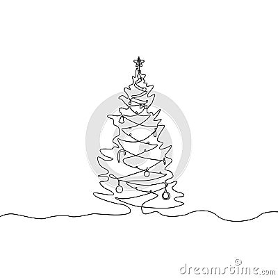 Continuous one line drawing Christmas tree with decorations Vector Illustration