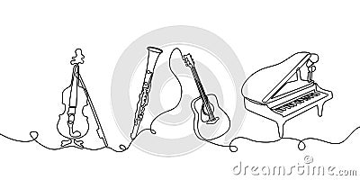 Continuous one line drawing. Classical music instruments. Vector illustration set of violin, clarinet, acoustic guitar, and piano Vector Illustration