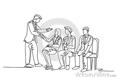 Continuous one line drawing company manager meet and handshaking employee candidates while sitting on chair to take job interview Cartoon Illustration