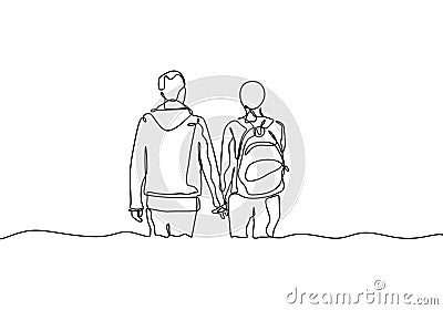 Continuous one line drawing of couple holding hands. Concept of romantic and act of kindness. A man share love with his partner. Vector Illustration