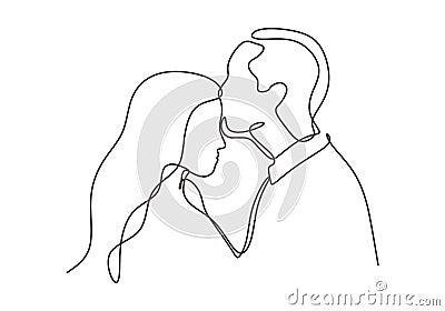 Continuous one line drawing of couple in love. Man kiss to a girl or woman in romantic situation. Vector minimalism design Vector Illustration
