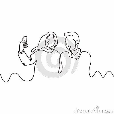 Continuous one line drawing of couple selfie with camera of smartphone. Young man and woman taking a picture with mobile phone Vector Illustration