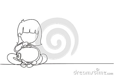 Continuous one line drawing cute little girl sitting on the floor puts coins in a piggy bank and dreams of buy something. Concept Vector Illustration