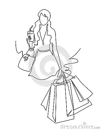 Continuous one line drawing Cute Woman with shopping bags in their hands. Vector illustration Vector Illustration