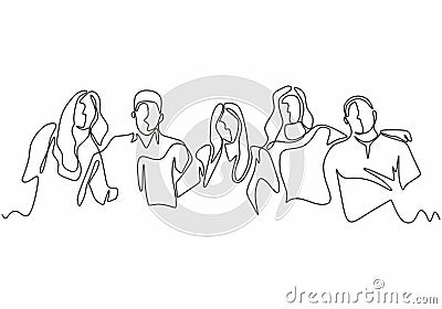 Continuous one line drawing of diversity concept of people with minimalism hand drawn. Vector man and woman in the group of five Vector Illustration