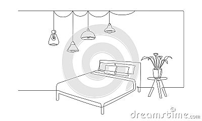 Continuous one line drawing of double bed and table with potted plant and hanging loft lamps. Scandinavian home Vector Illustration
