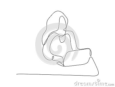 Continuous one-line drawing. An employee works with a laptop on the desk Cartoon Illustration