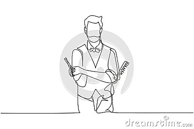 Continuous one line drawing empty place of virile harsh barber having his arms crossed, holding equipment in hand. Professional Vector Illustration