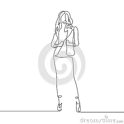 Continuous one line drawing fashion standing woman in jacket Vector Illustration
