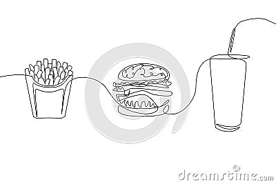 Continuous one line drawing fastfood French fries, hamburger and a glass of soda Vector Illustration