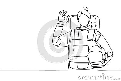 Continuous one line drawing female astronaut with gesture okay wearing spacesuits to explore outer space in search mysteries of Vector Illustration