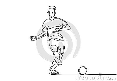 Continuous one line drawing of football player kick a ball during the game sport. Vector minimalism singe hand drawn design Vector Illustration