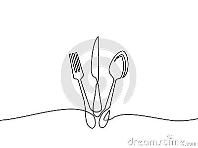 Continuous one line drawing.Forks, spoons, knife plates and all eating and cooking utensils, can be used for restaurant logos, cak Vector Illustration