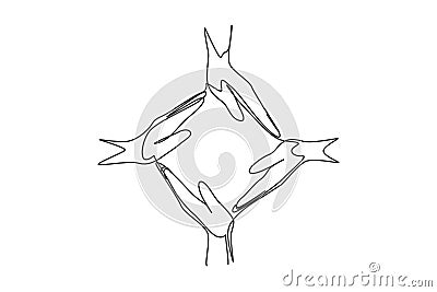 Continuous one line drawing four palm hands make square frame shape. Symbol of care, unity, sharing, trust. Communication with Vector Illustration