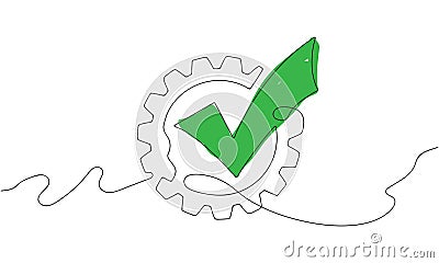 Continuous One line drawing of Gear with Green Checkmark inside, Single line art of Gear and Tickmark Vector Illustration