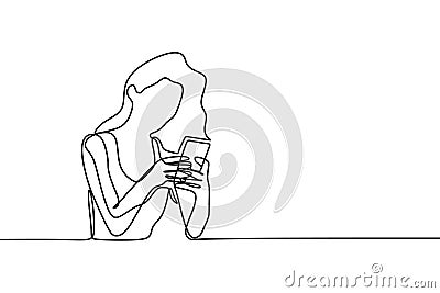 Continuous one line drawing of girl playing and using mobile phone or smartphone Vector Illustration