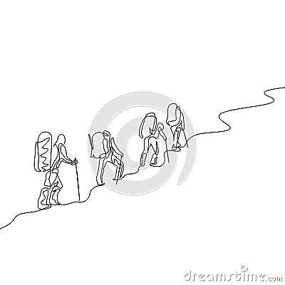 Continuous one line drawing group of four travelers hiking in the mountains Vector Illustration