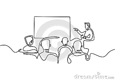 Continuous one line drawing of group people at presentation meeting. Presenter talking to audience at seminar room Vector Illustration