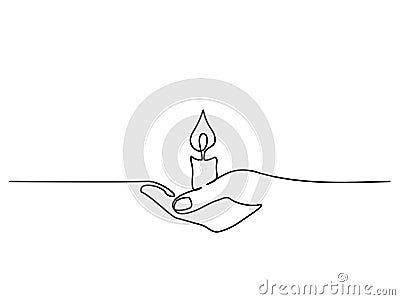 Continuous one line drawing. Hand holding burning candle Vector Illustration