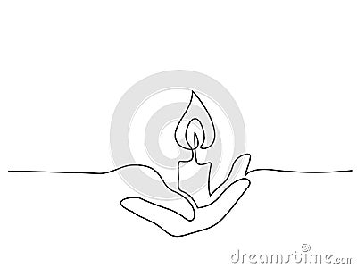 Continuous one line drawing. Hand holding burning candle Vector Illustration