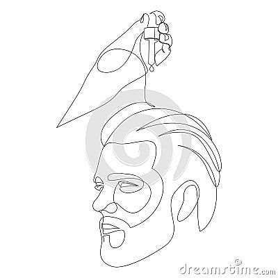 Continuous one line drawing of a hand holding an hair care oil dropper near a young guy head. Hair loss treatment Vector Illustration